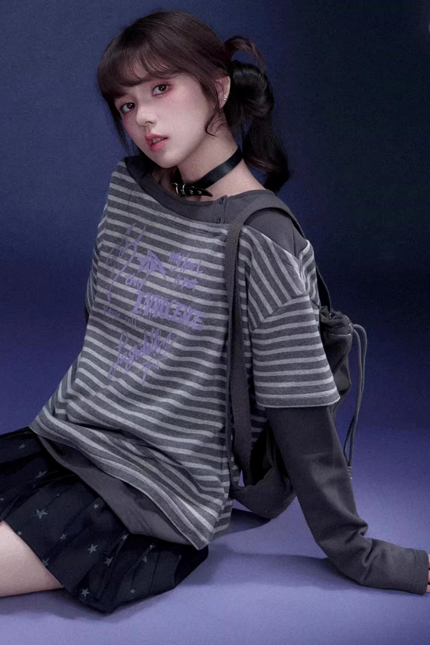 Dark Gray Striped Graffiti Print Top