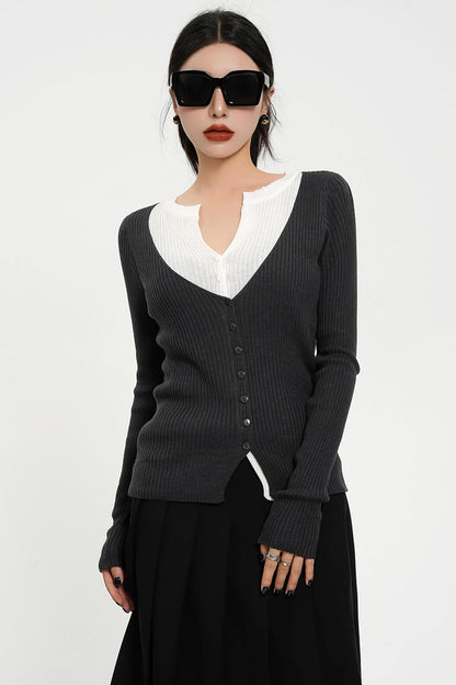 V-Neck Contrast Knit Cardigan