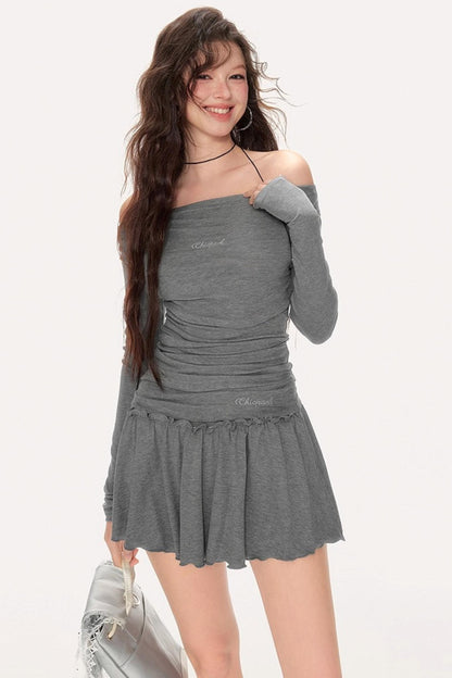 Gentle Embroidered One-Shoulder Top Skirt Set