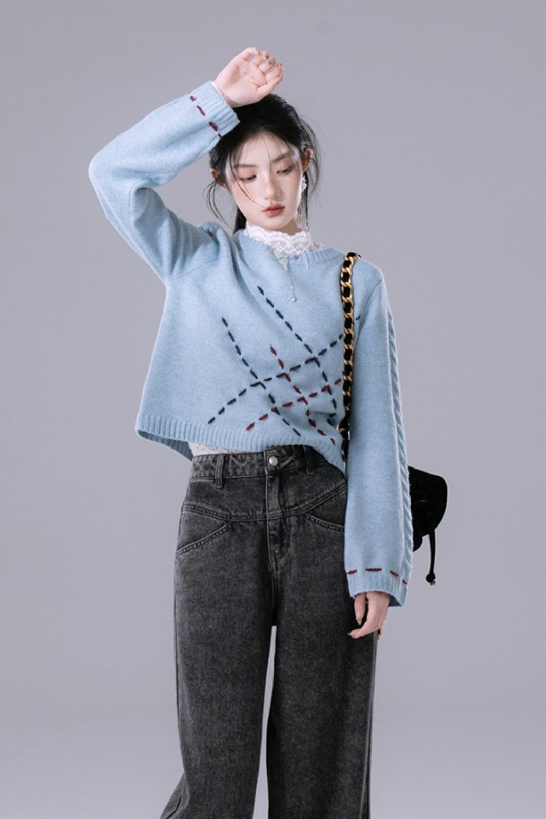 Sky Blue Contrasting Hand-Stitched Jumper Top