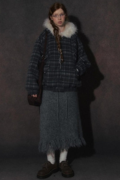 Elk Fur Collar Plaid Woolen Jacket