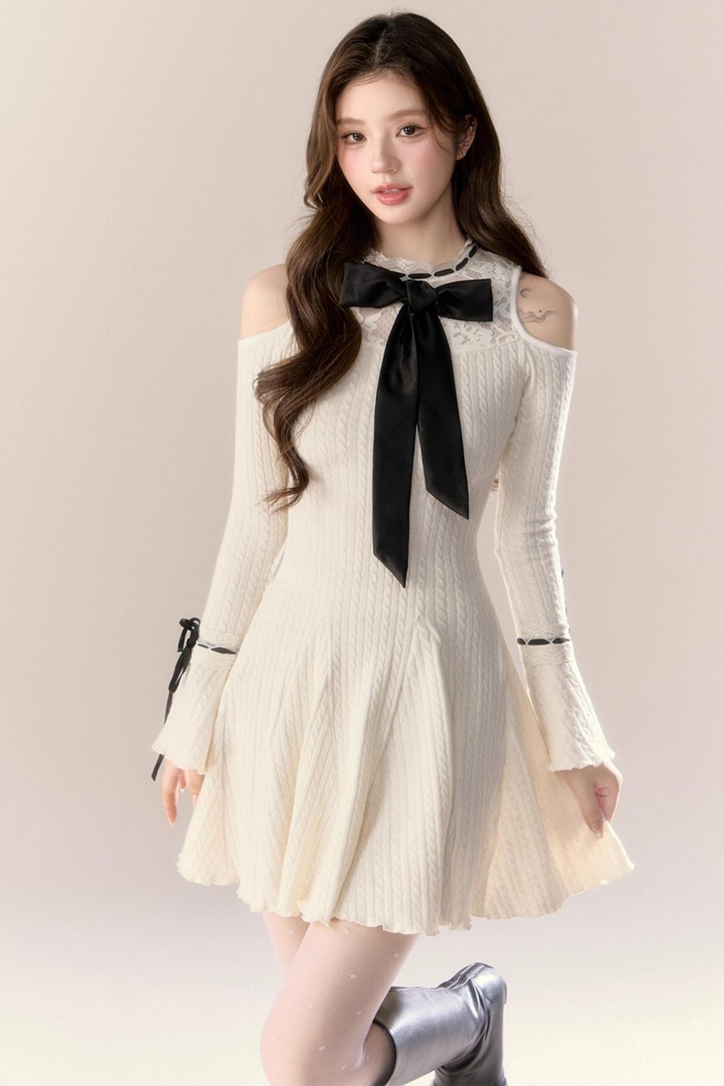 French Knitted Long-Sleeved Dress