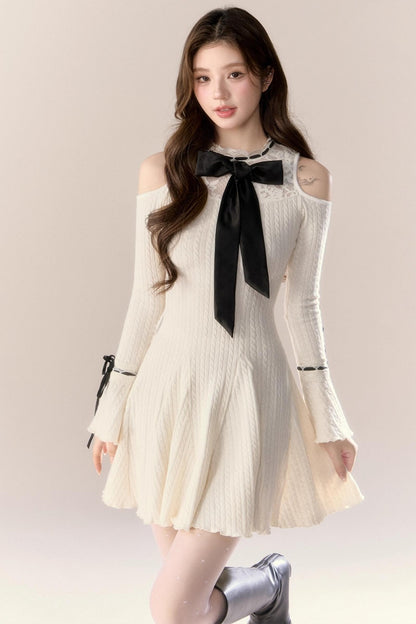 French Knitted Long-Sleeved Dress