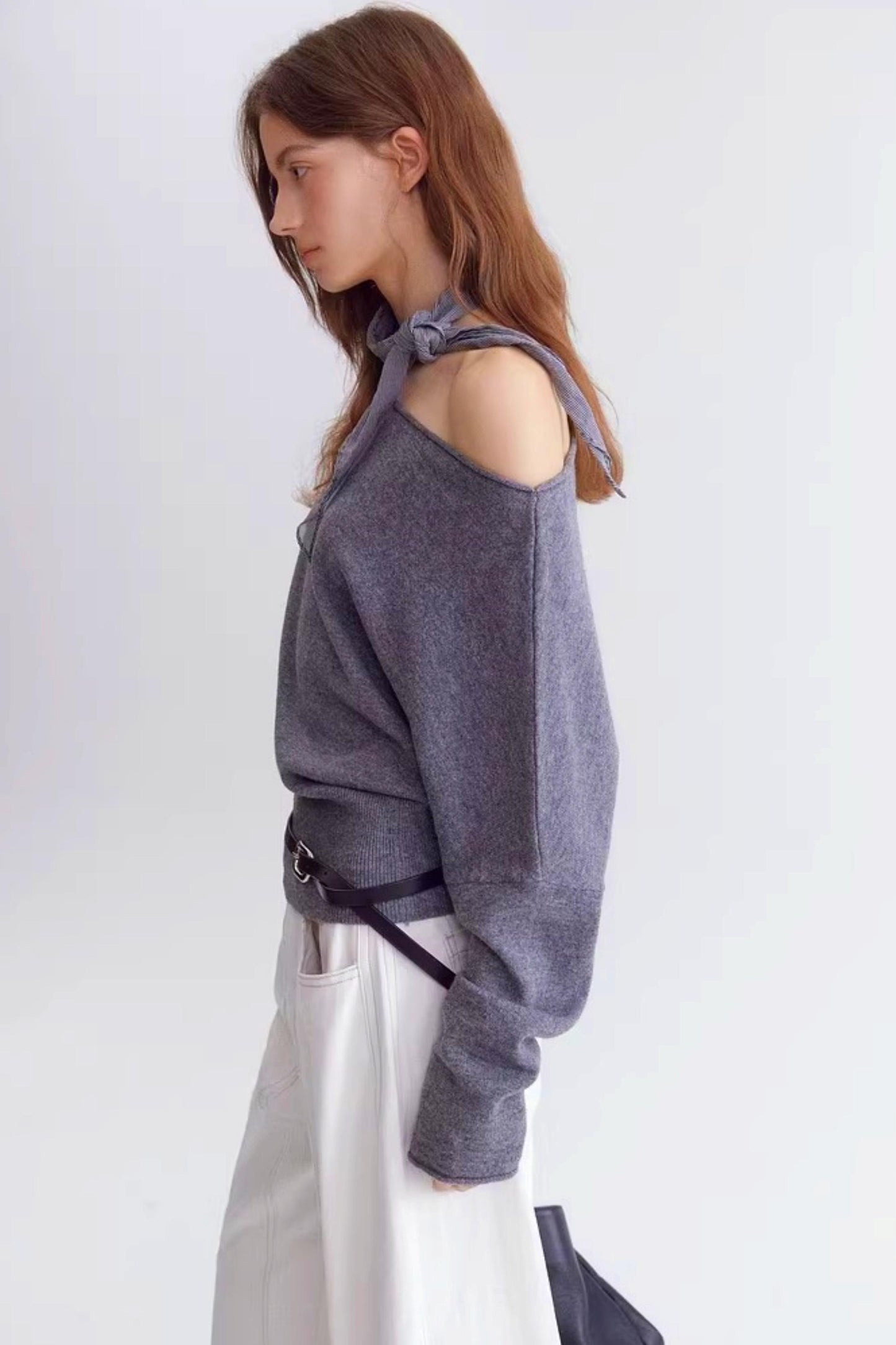 Rolled Edge Off-Shoulder Wool Sweater