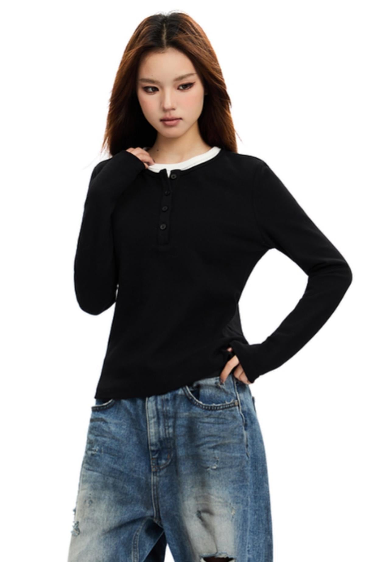 Simple Contrast Crew Neck Knit Top