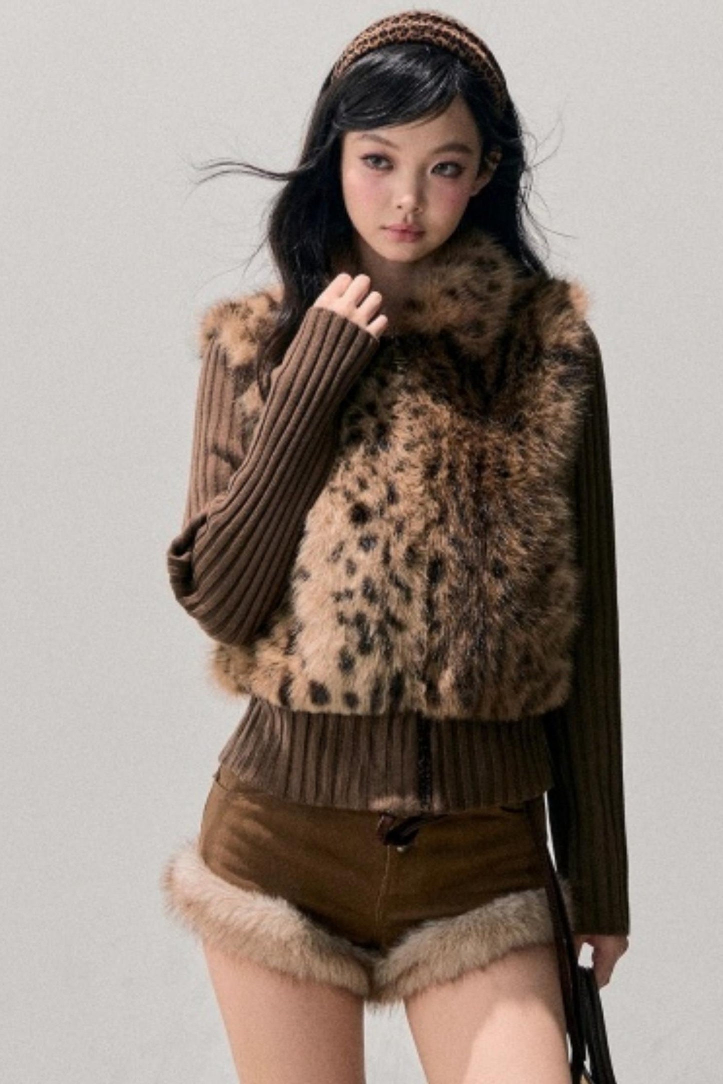Faux Fur Leopard Knit Jacket