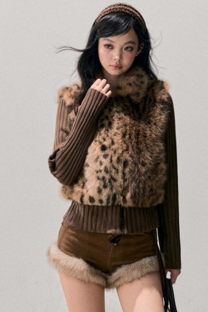 Faux Fur Leopard Knit Jacket