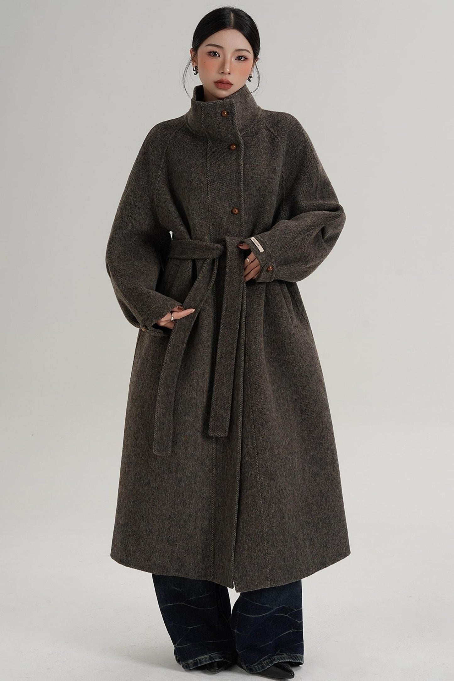 Elegant High-Neck Long Wool Coat