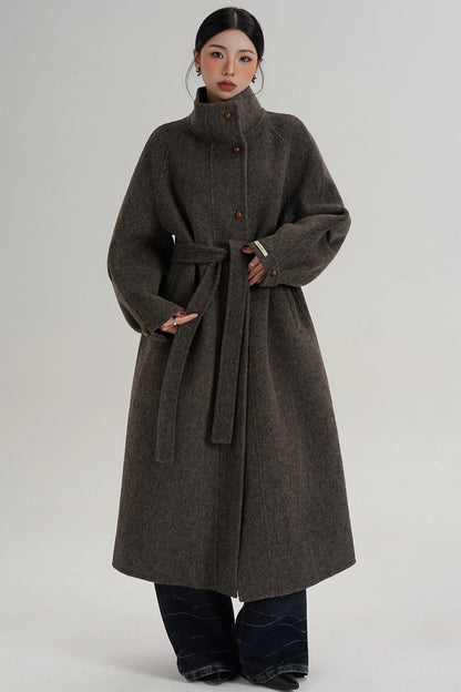 Elegant High-Neck Long Wool Coat