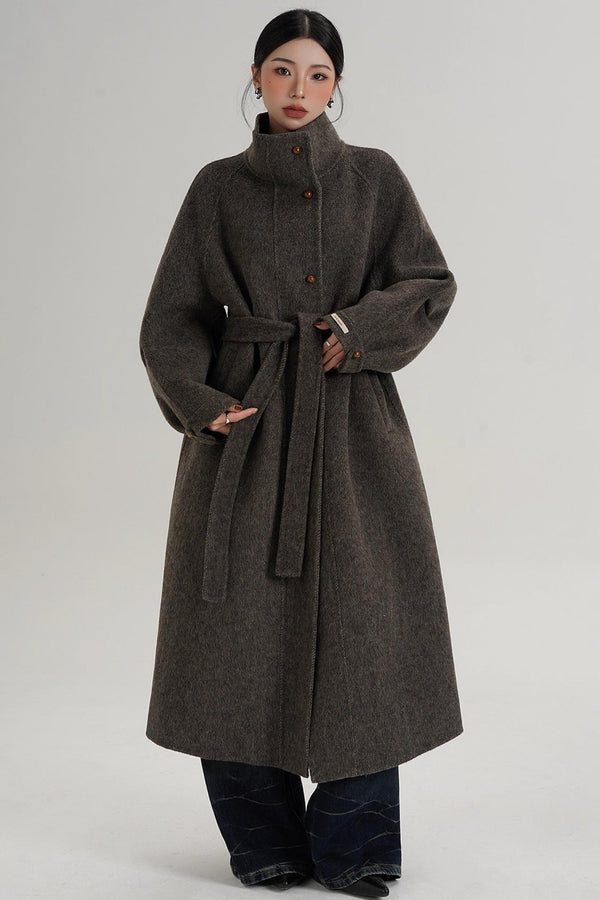Elegant High-Neck Long Wool Coat