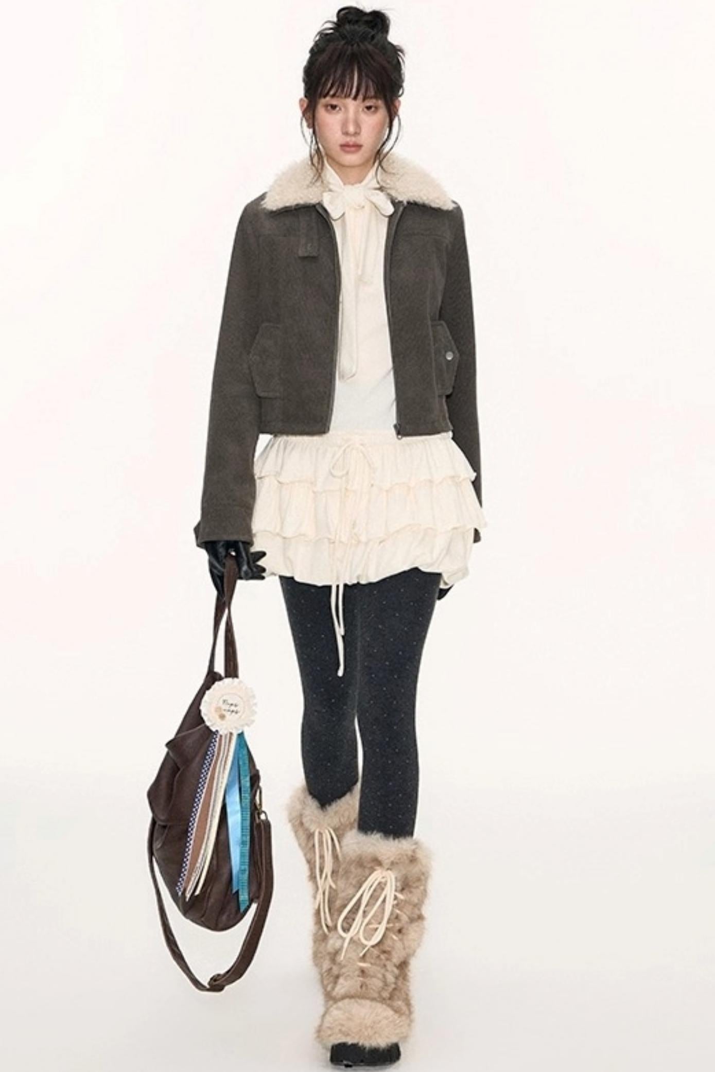 Vintage Fur Collar Jacket With Skirt Set-Up