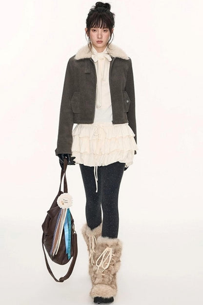 Vintage Fur Collar Jacket With Skirt Set-Up