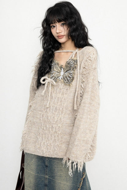 Fringe Lace-Up Butterfly Sweater