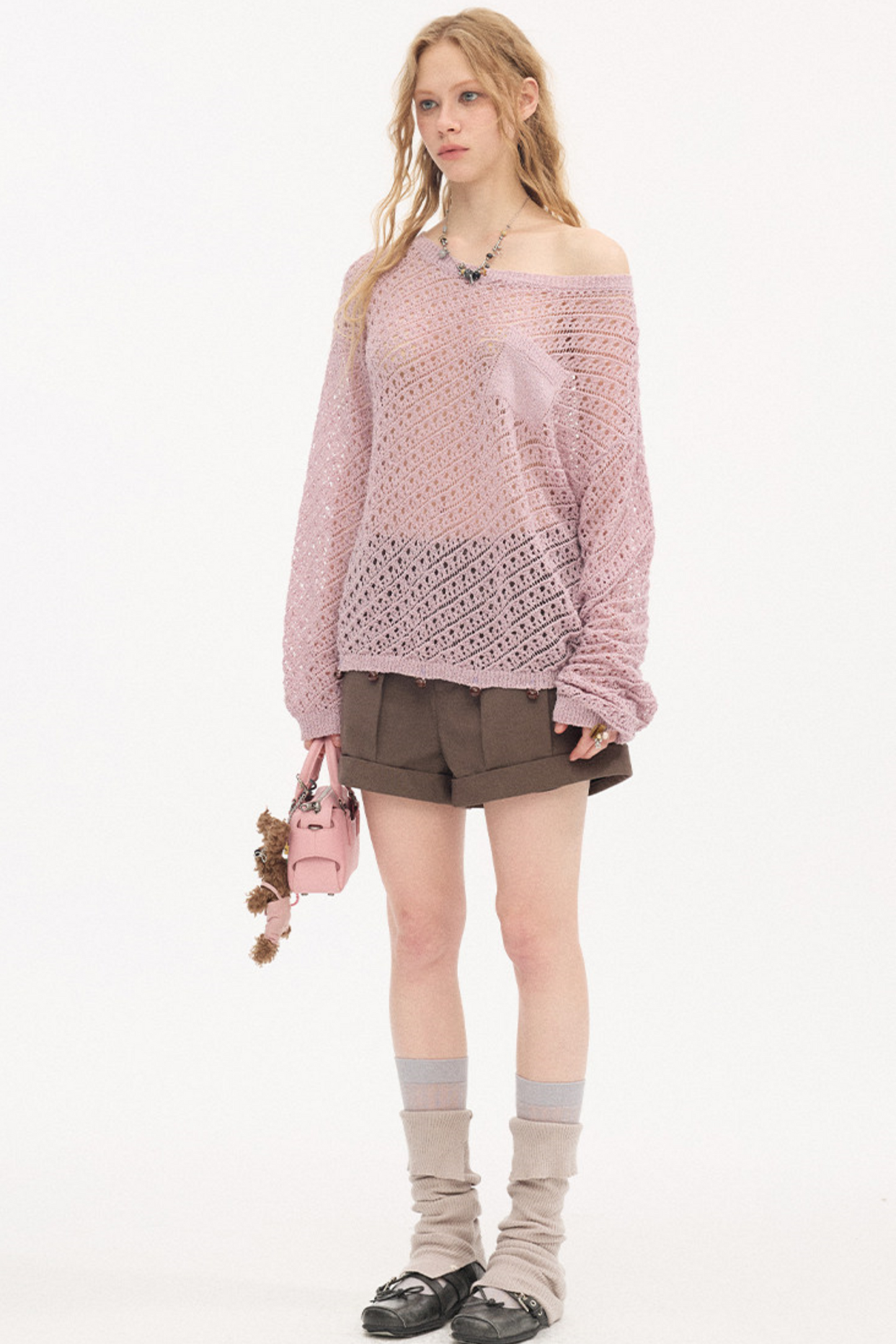 Diagonal Hollow Beaded Knit Sweater