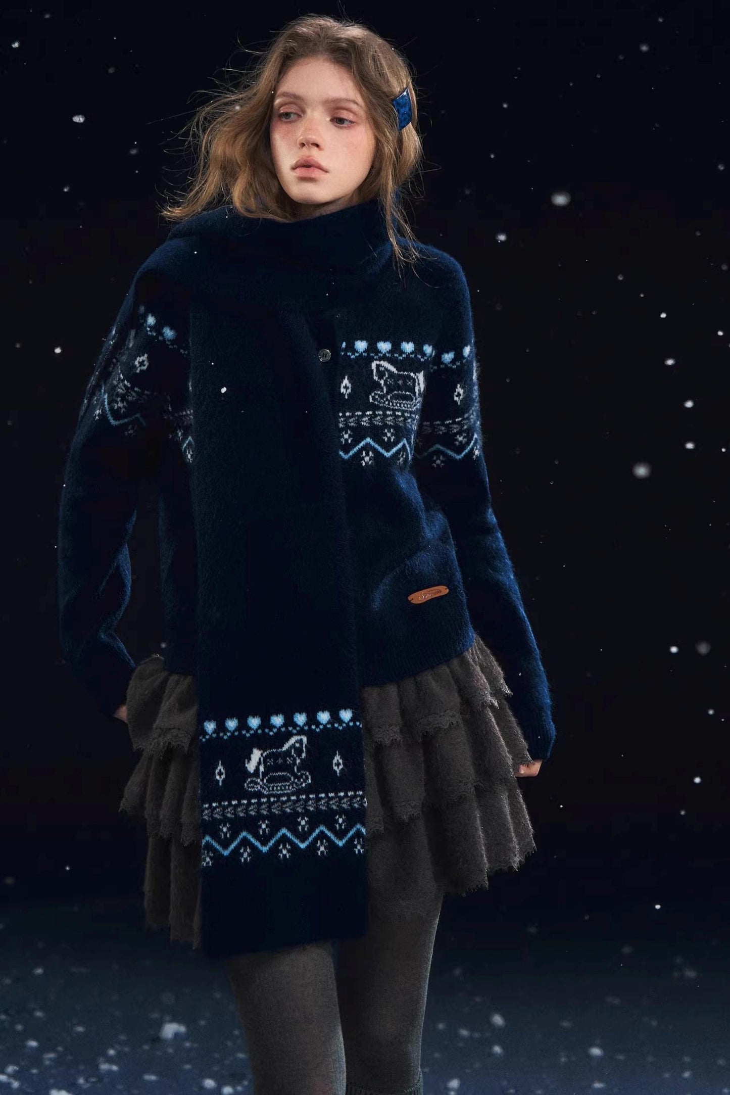 Fair Isle Scarf Cardigan Two-Piece Set