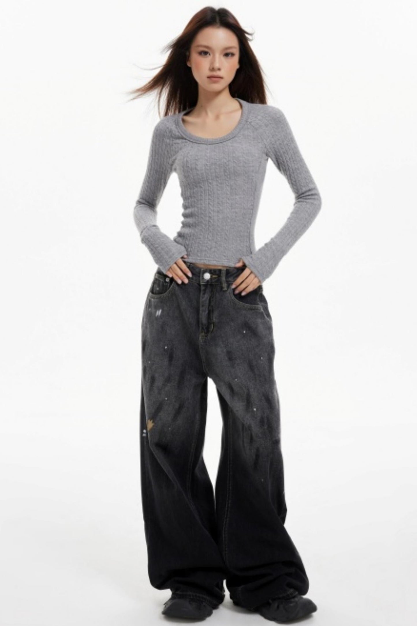 Ink Splash Denim Wide-Leg Pants