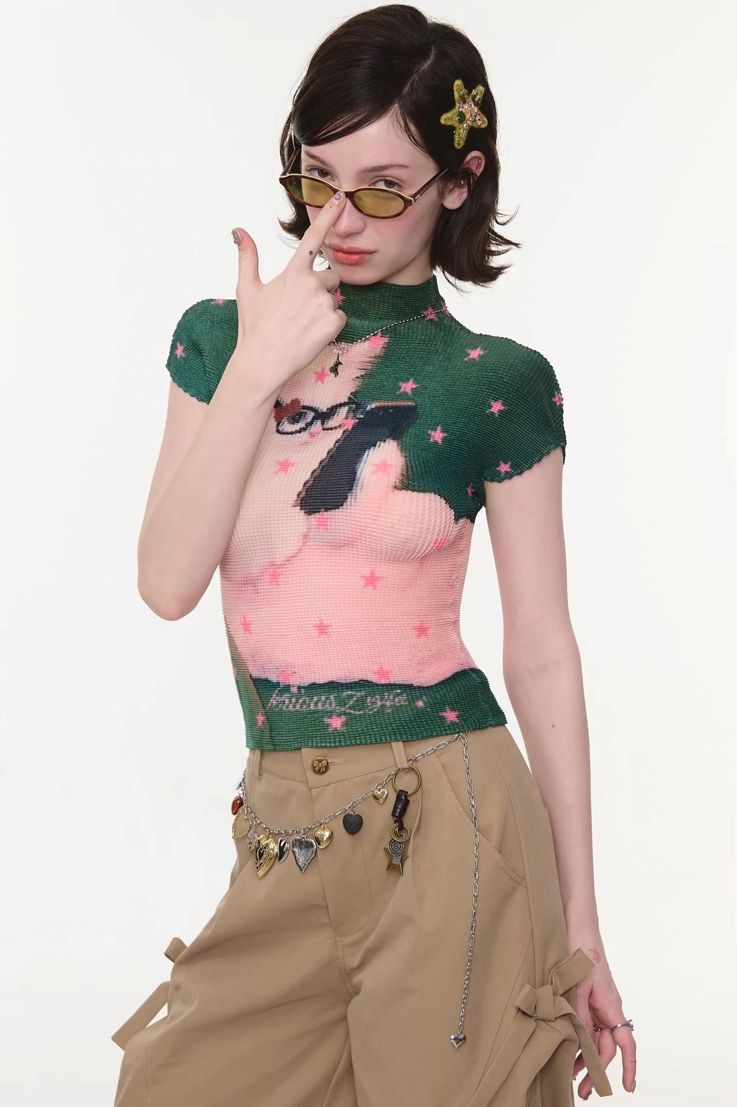 Sweet Pleated Cat Print T-Shirt