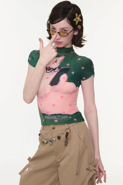 Sweet Pleated Cat Print T-Shirt