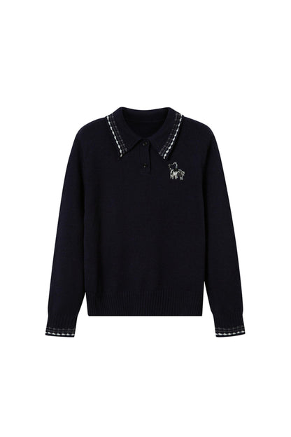 Kitten Embroidered Polo Neck Sweater