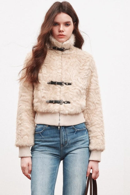 Leather Stand-Up Collar Woolen Short Jacket