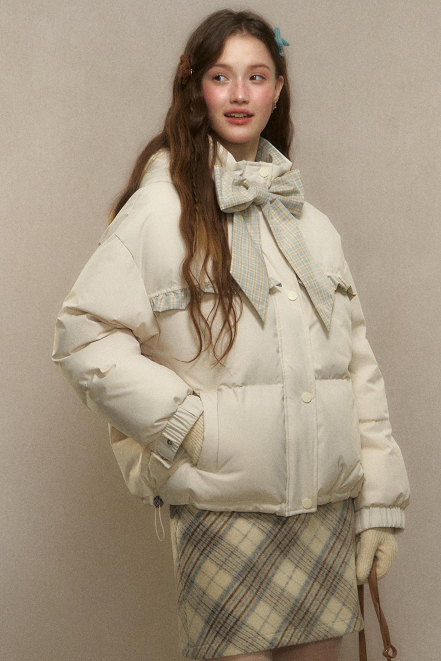 Cropped High Neck Duck Down Jacket with Bow