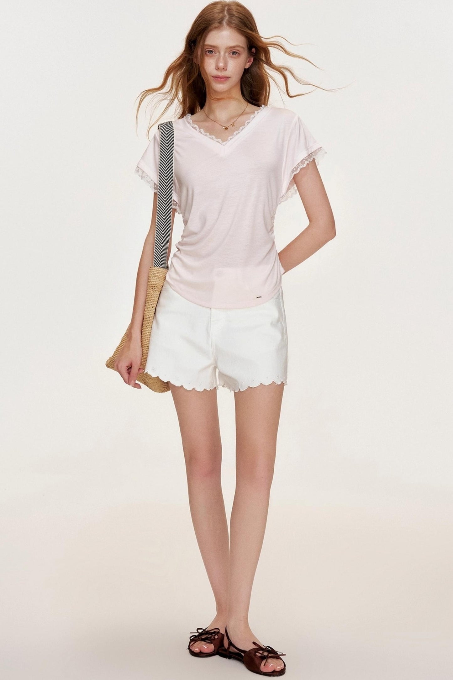 Floral Lace Shirring Short Sleeve T-Shirt