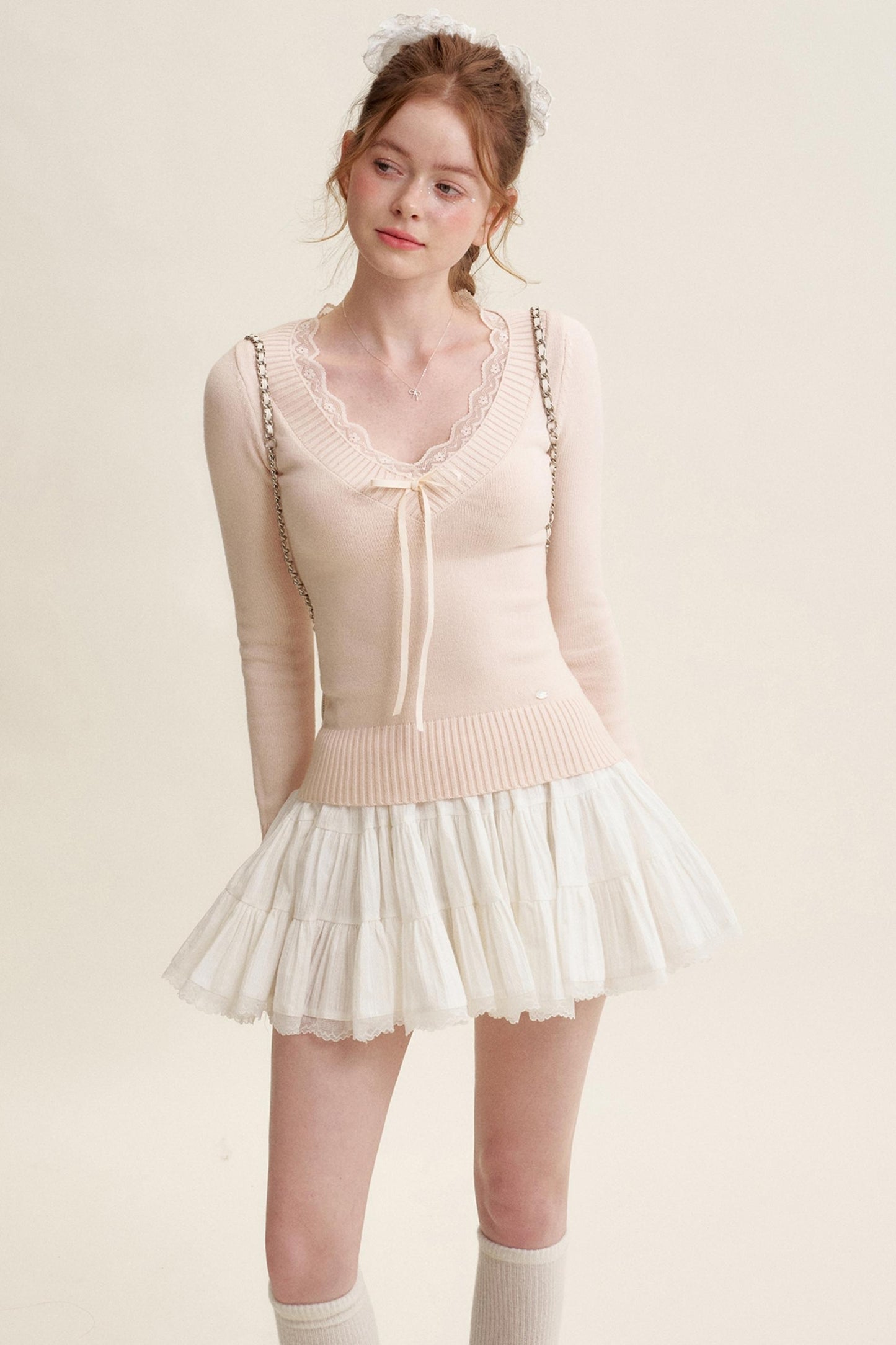 Peach Lace Sweater Tops