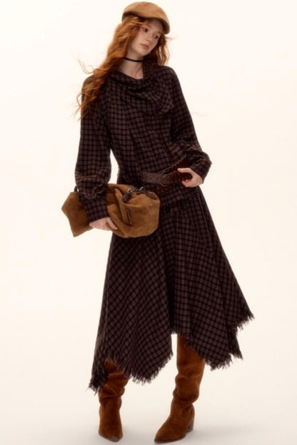 Frayed Hem Plaid Midi Skirt Belt Set