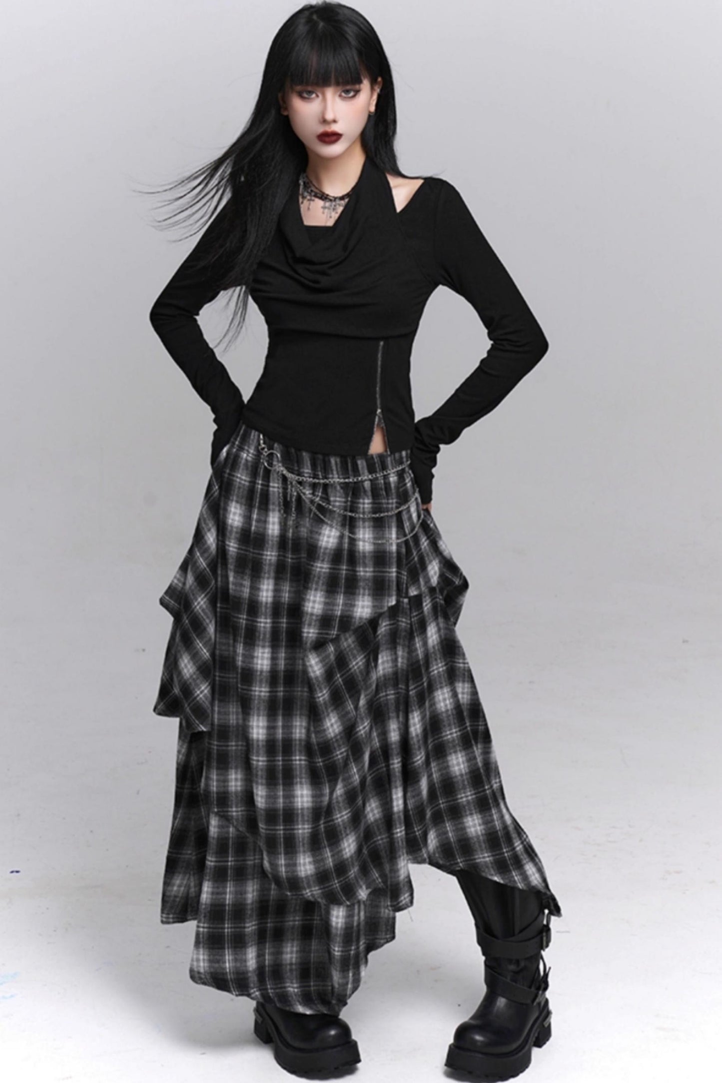 Gray Black Plaid Pleated Skirt