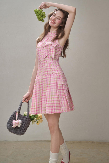 Bow Halterneck Plaid Dress