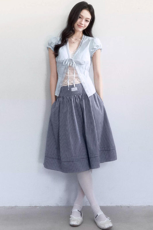 Lace-Up Top and Plaid Skirt Matching Set