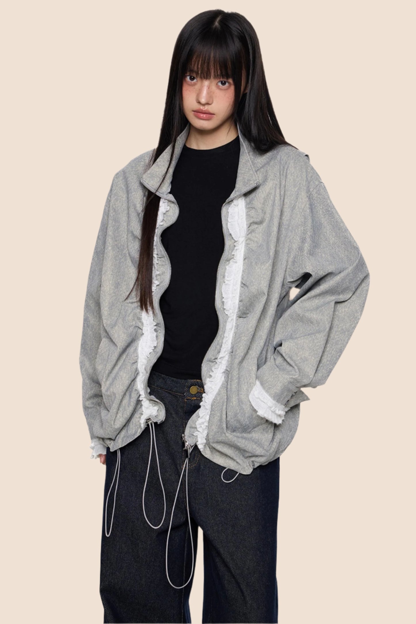 Loose Fit Pleated Lace Zip Jacket