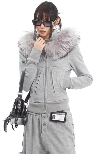 Korean Fur Collar Hooded Jacket Set-Up