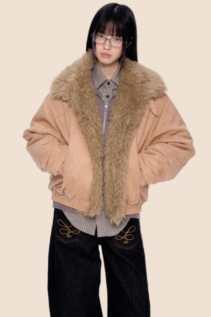 Faux Suede Fur Collar Jacket