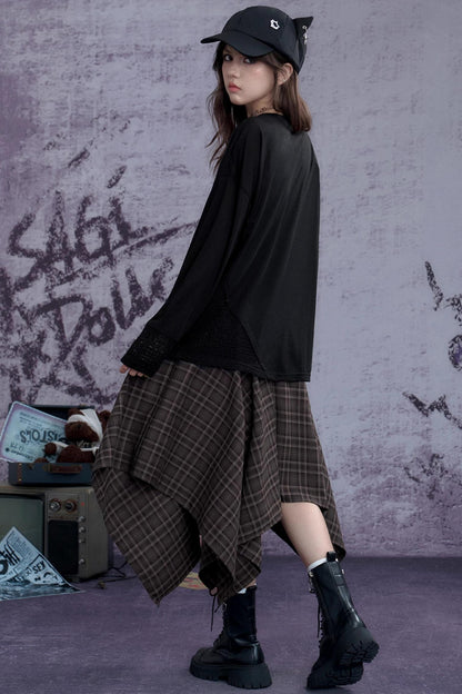 Fighting Spirit Street Brown Plaid Long Skirt