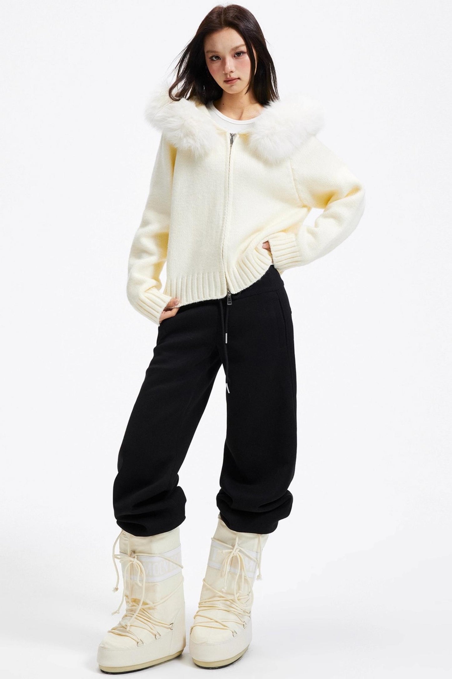 Knitted Sweater Jacket with Fur Collar