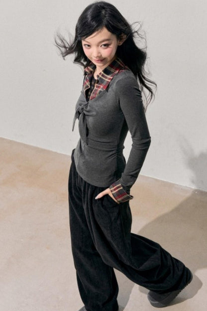 Knitted Plaid Slimming Top