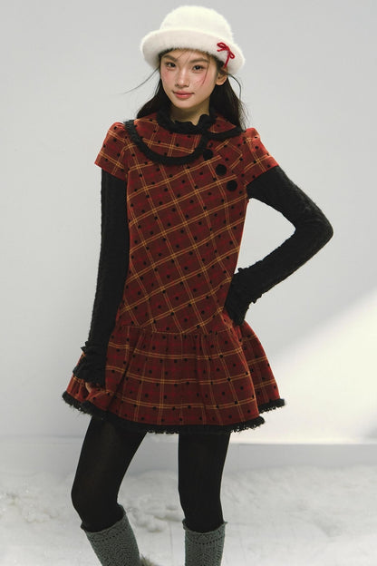 Christmas Doll Collar Tweed Dress Set-Up