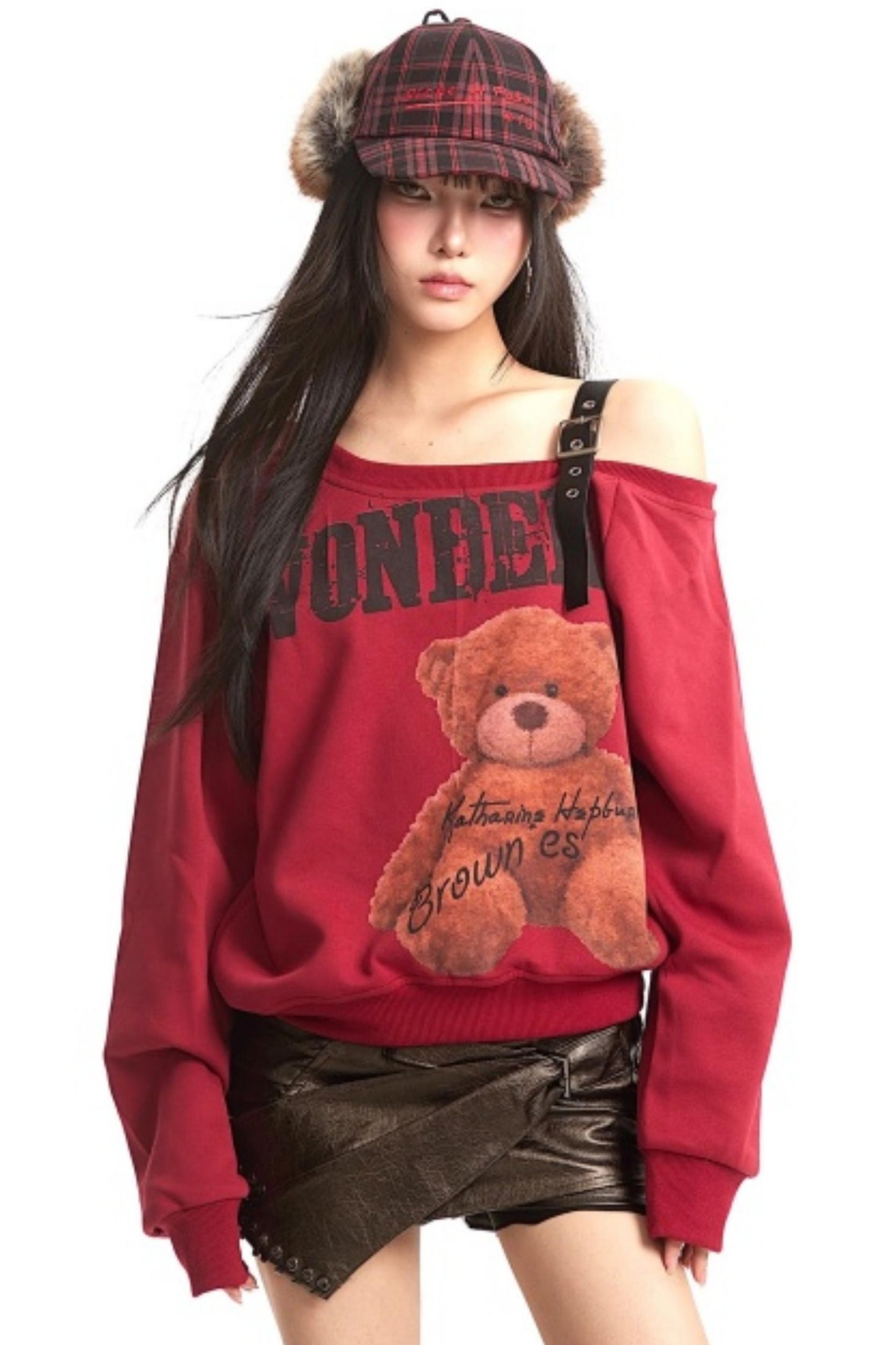 Retro Off-Shoulder Bear Sweatshirt