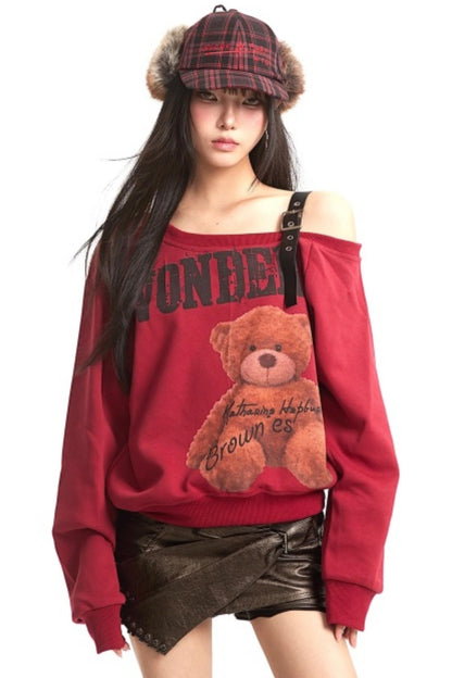 Retro Off-Shoulder Bear Sweatshirt