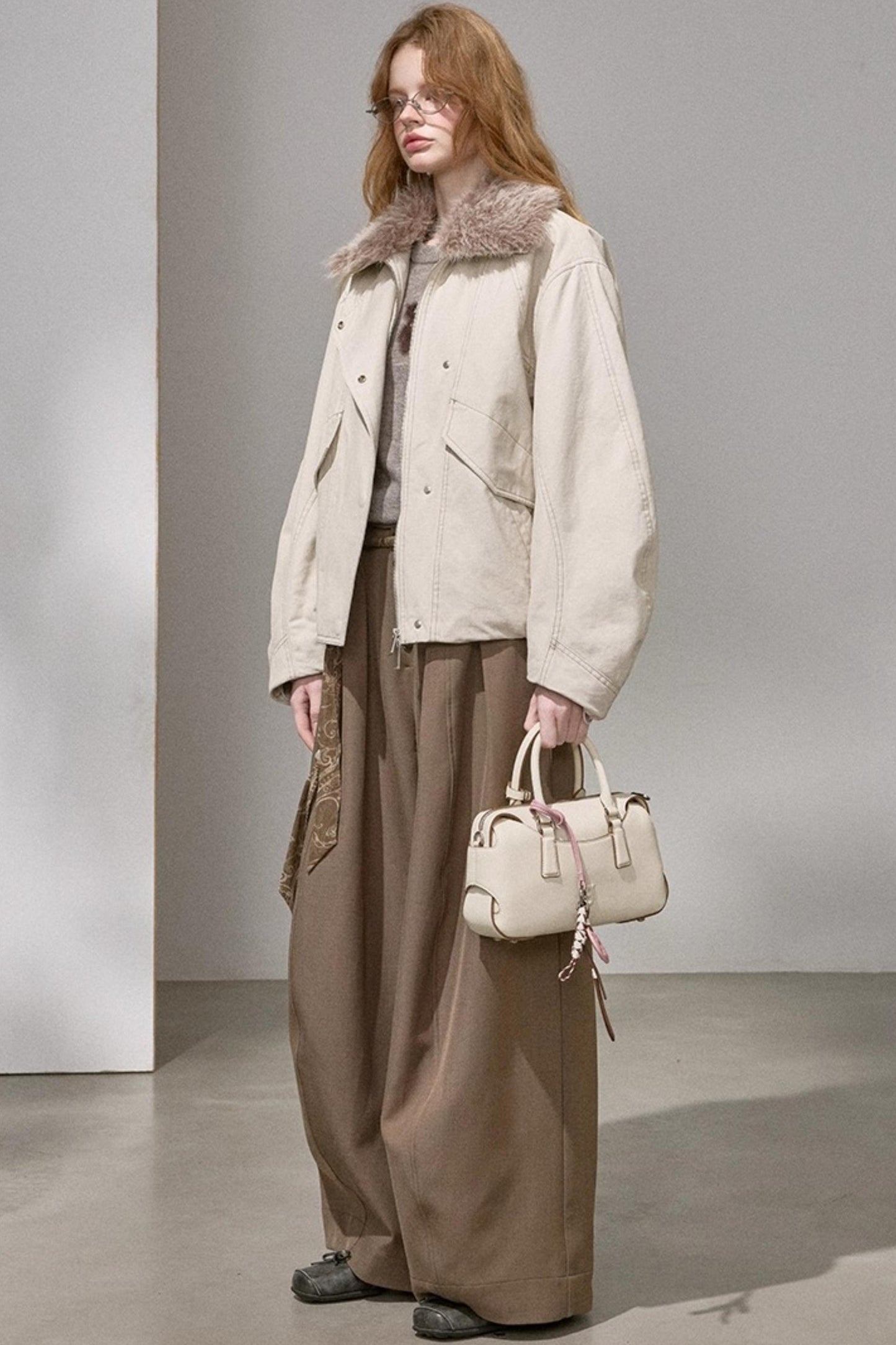 Curved Sleeve Fur Collar Jacket