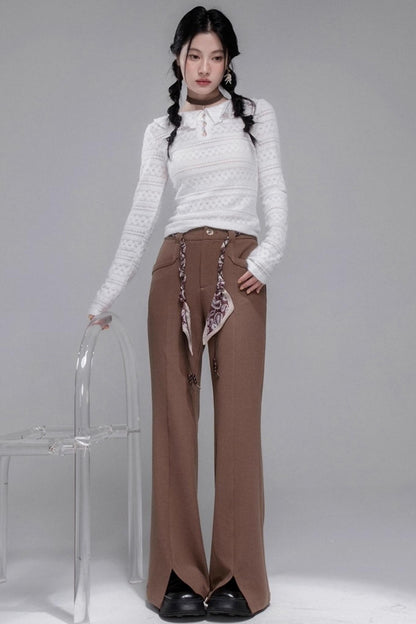 Silk Scarf Belt Split Bootcut Pants