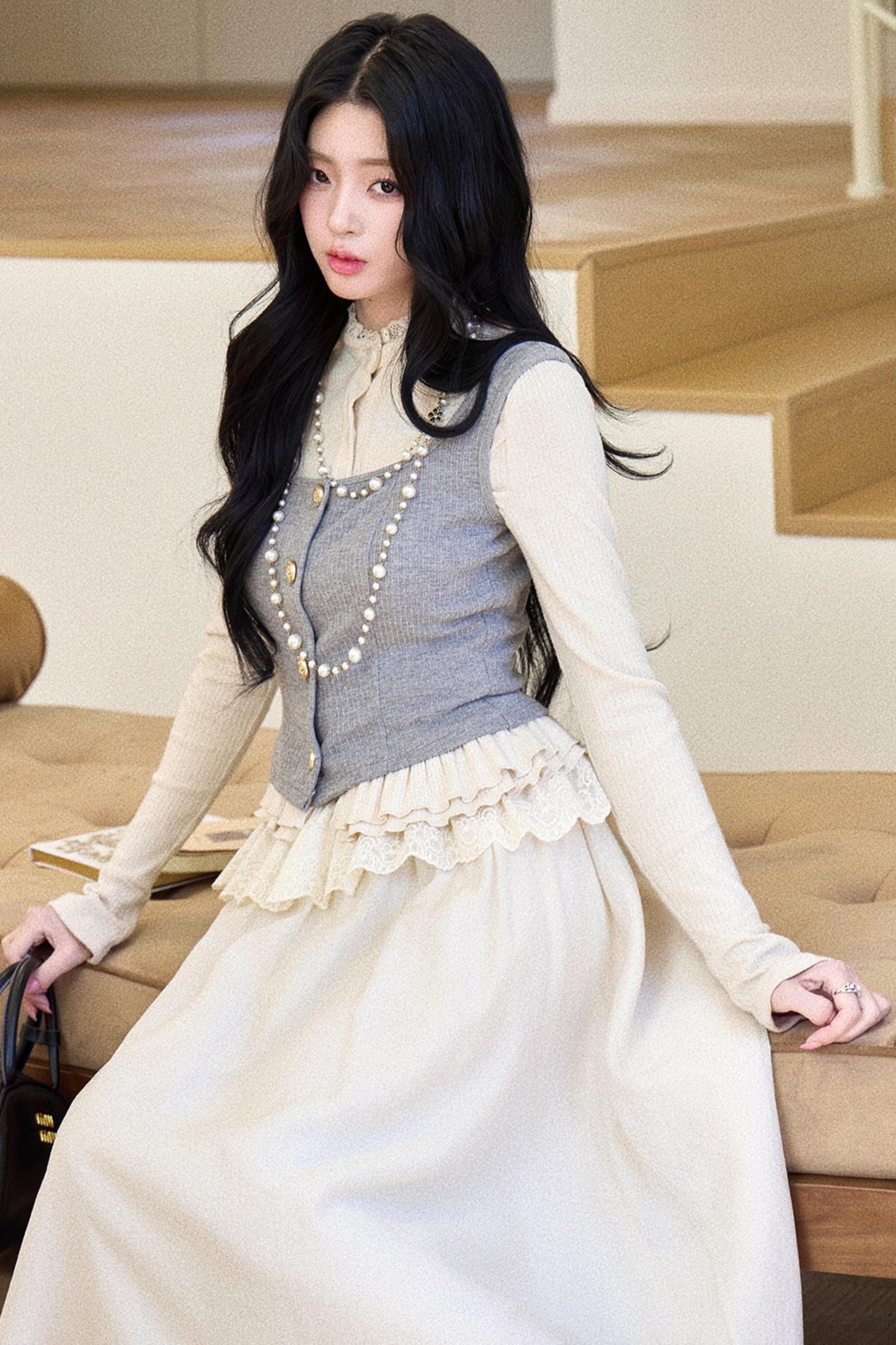 Lace Collar Gray Suit Set-Up