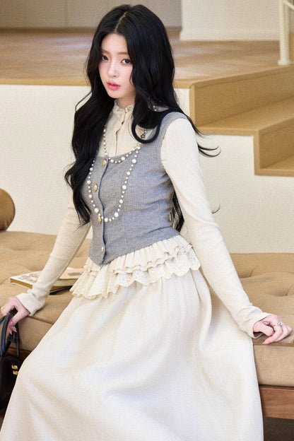 Lace Collar Gray Suit Set-Up