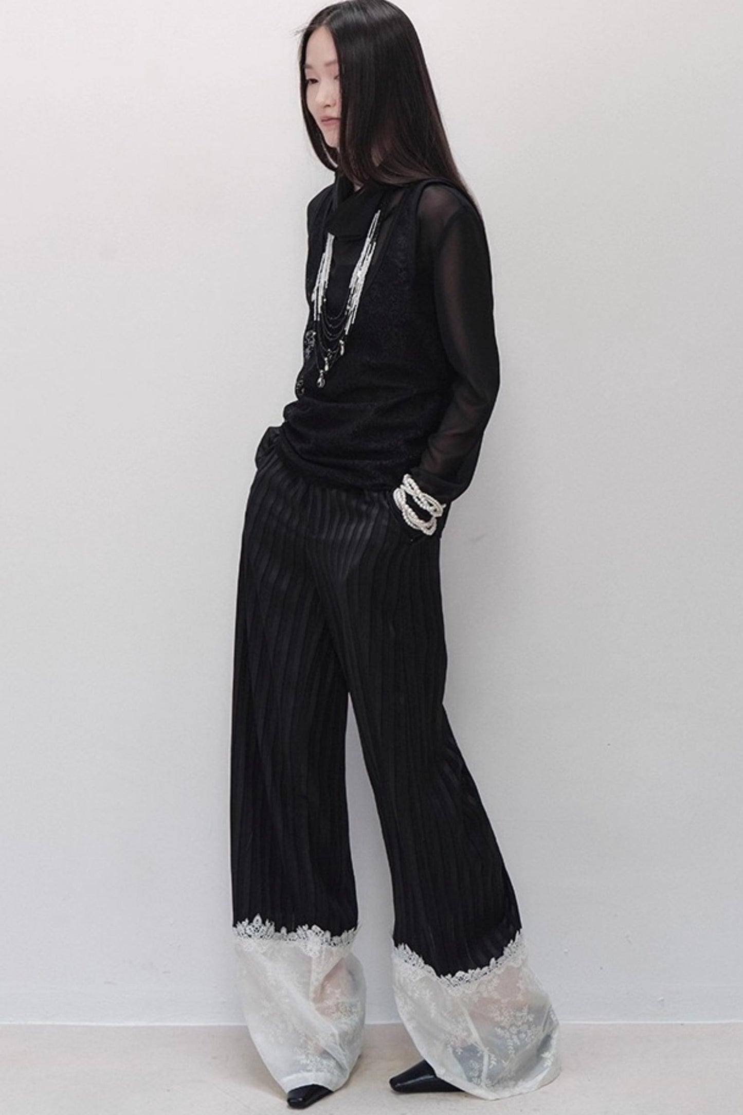 Flowing Tencel Embroidered Striped Straight-leg Pants