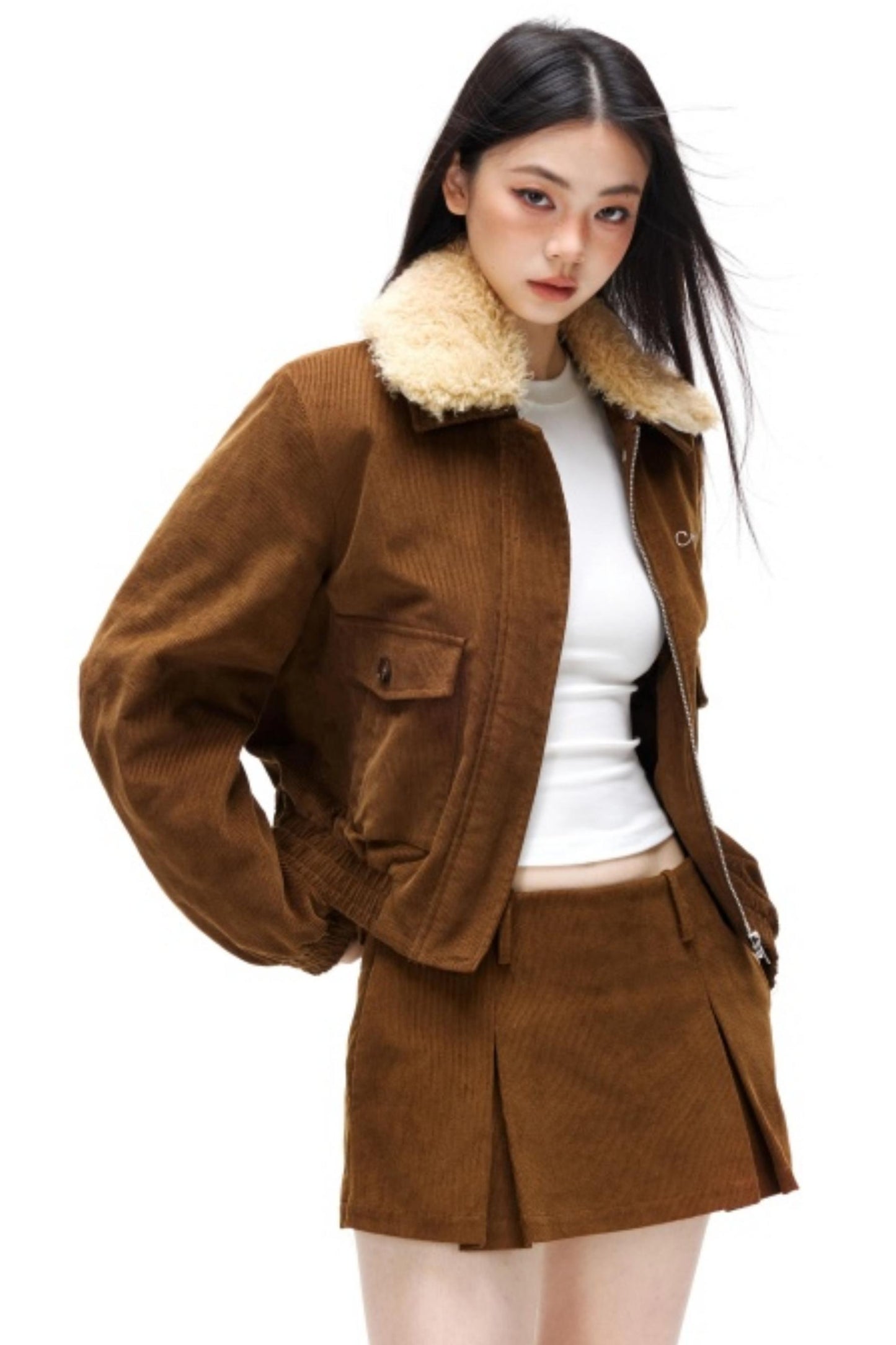 Retro Corduroy Jacket Skirt Set