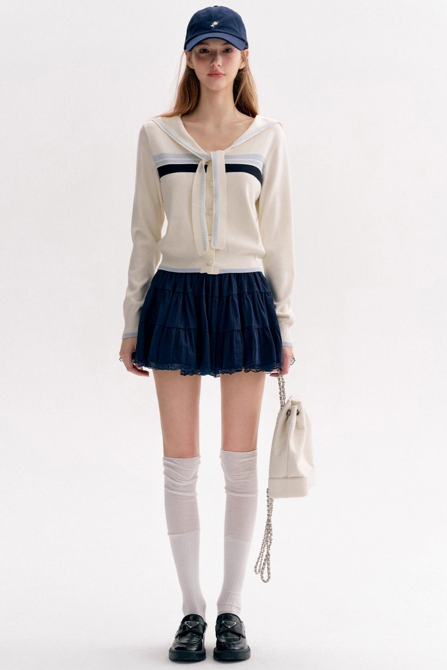 Navy Tie Shawl Contrast Sweater