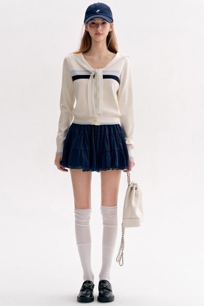 Navy Tie Shawl Contrast Sweater