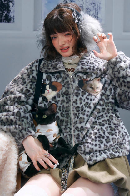 Winter Cat Print Fluffy Coat