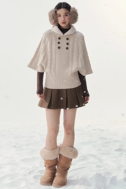 Coffee-Colored Fur Collar Cape Sweater